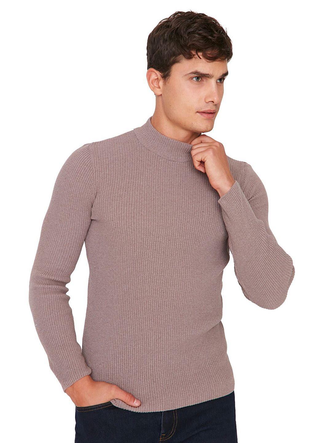 trendyol men brown ribbed pullover sweater