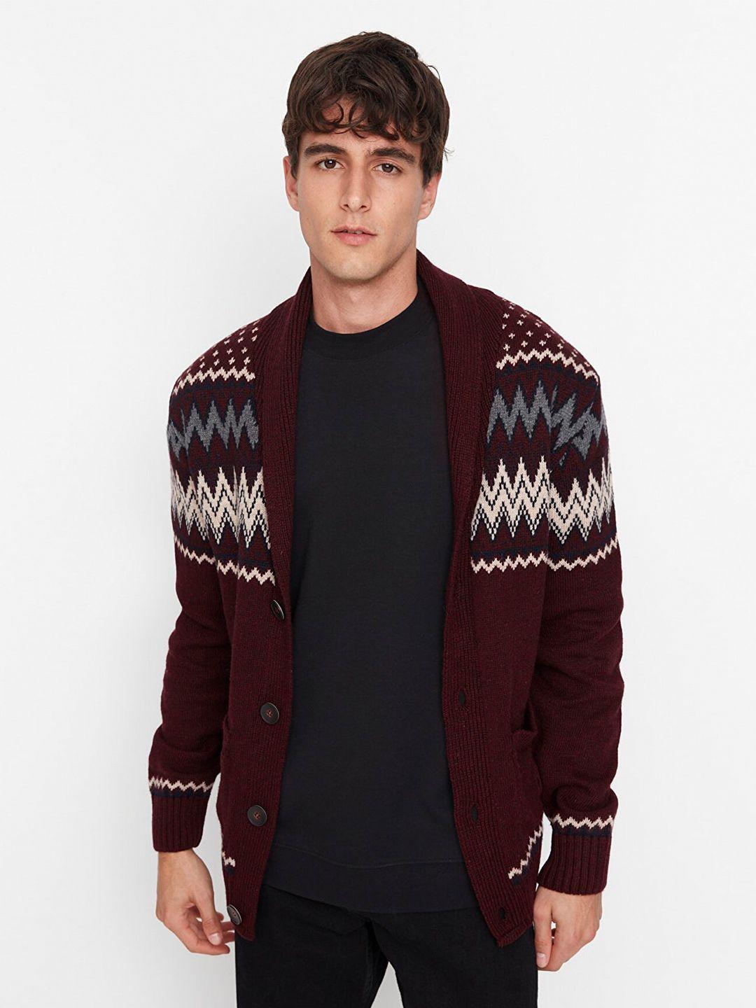 trendyol men burgundy & white printed cardigan