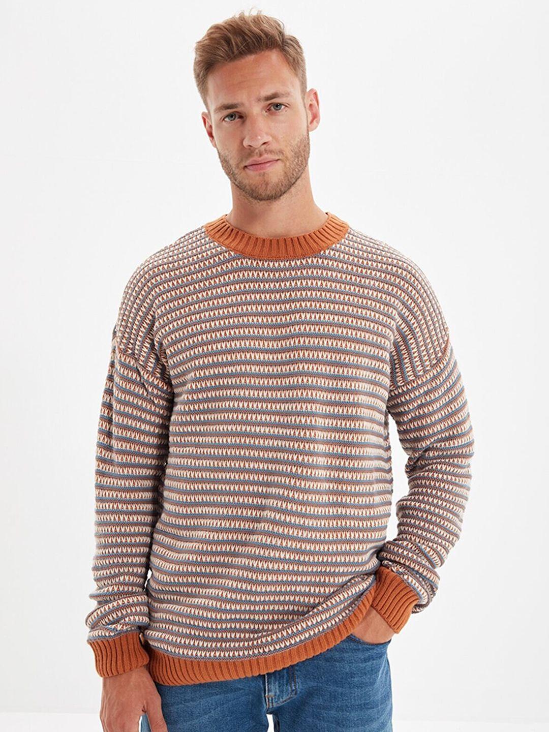 trendyol men camel brown & beige acrylic cable knit pullover