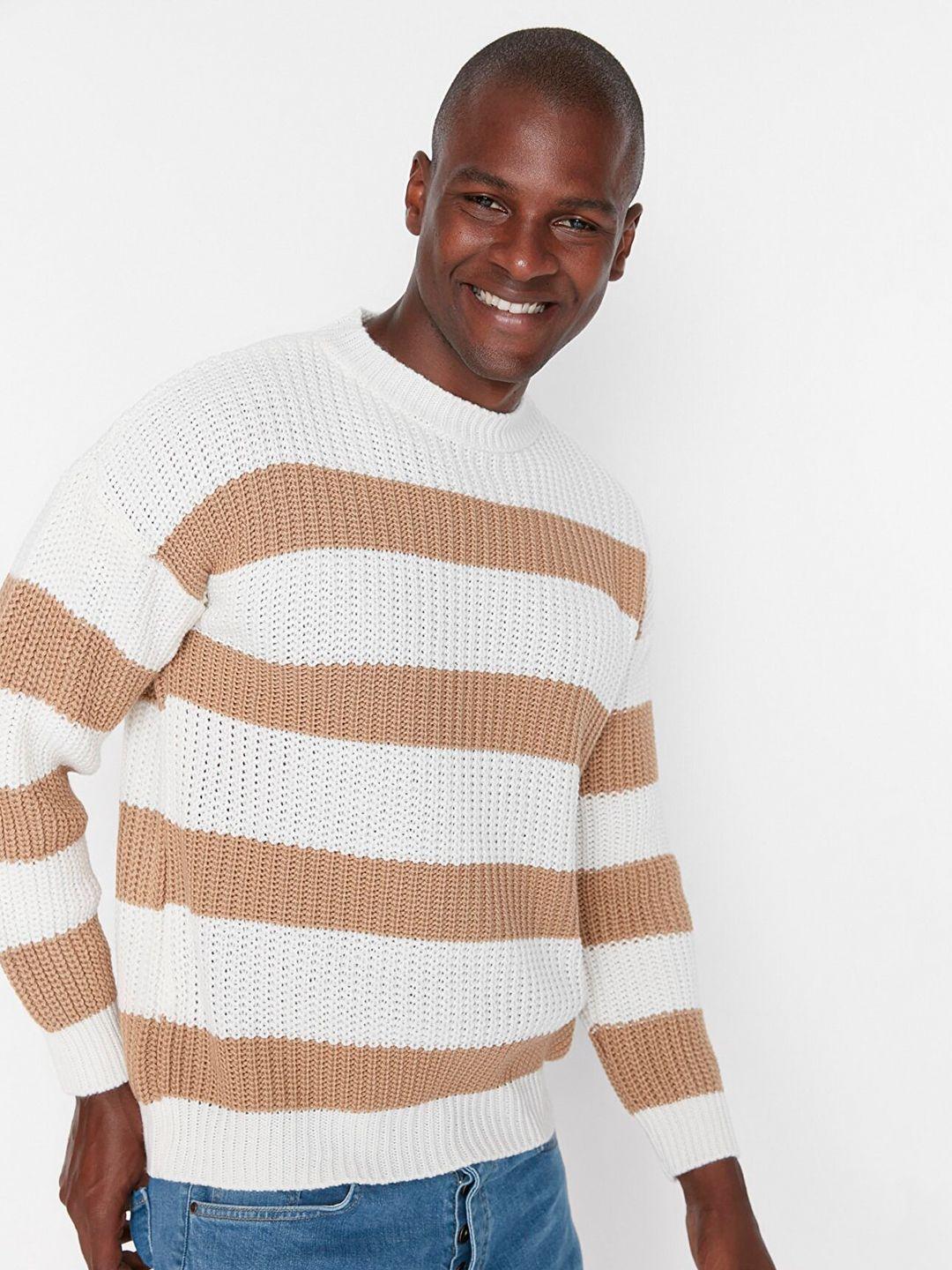 trendyol men camel brown & off white striped round neck acrylic pullover sweater