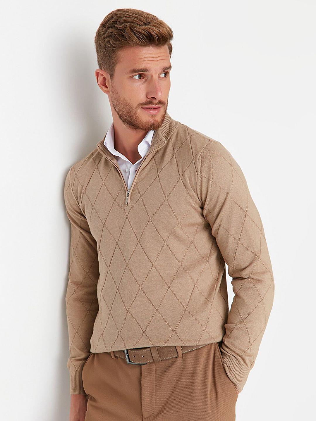 trendyol men camel brown checked acrylic pullover sweater