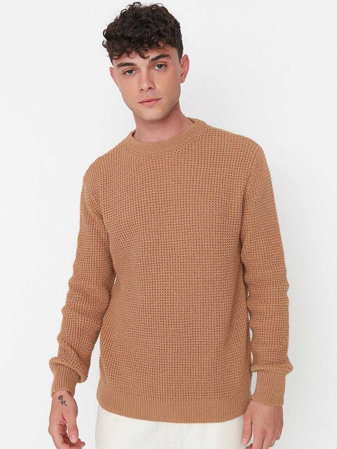 trendyol men camel brown open knit pullover sweater