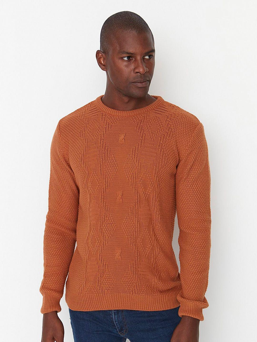 trendyol men camel brown ribbed acrylic pullover sweater