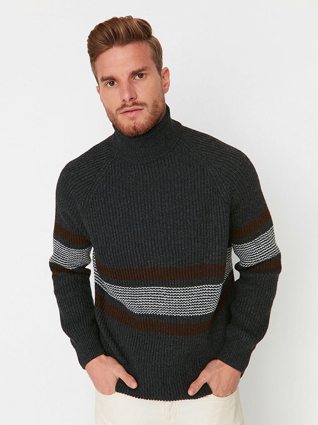 trendyol men charcoal & white ribbed pullover sweater