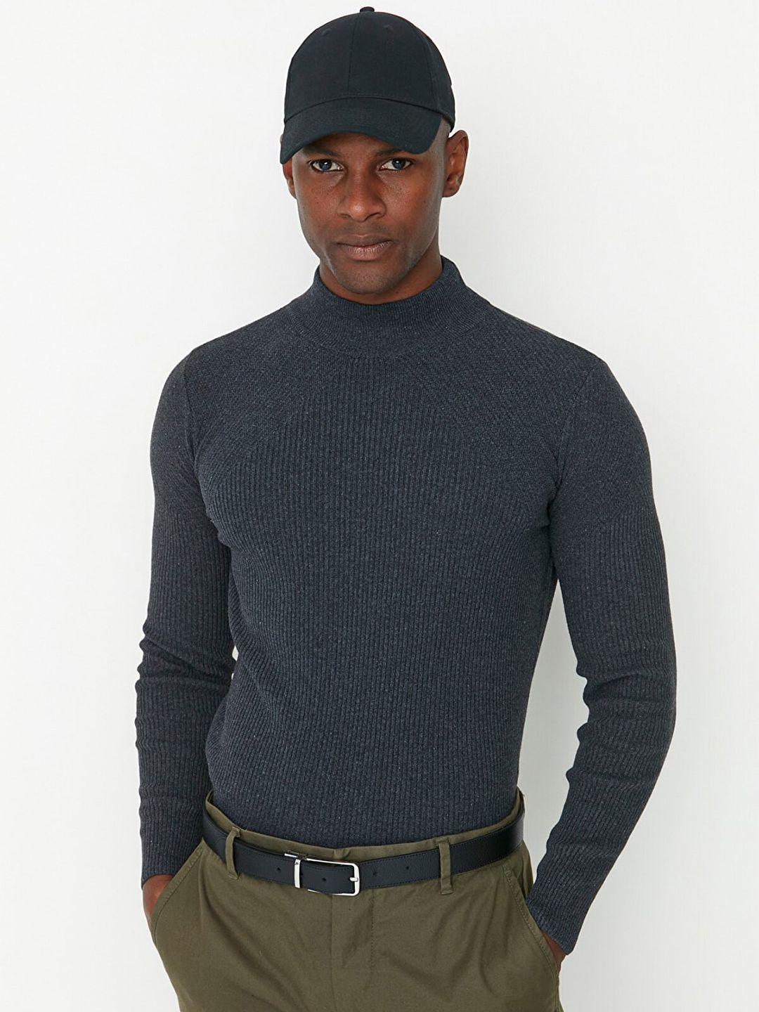 trendyol men charcoal ribbed pullover sweater