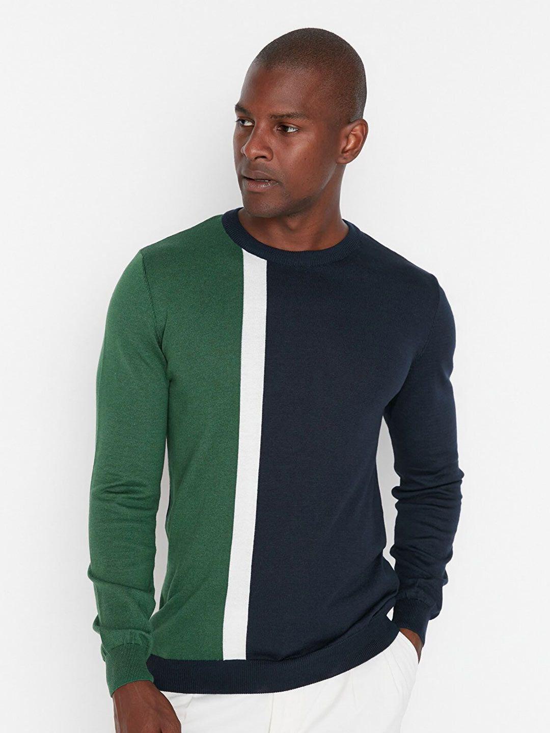 trendyol men green & white colourblocked pullover