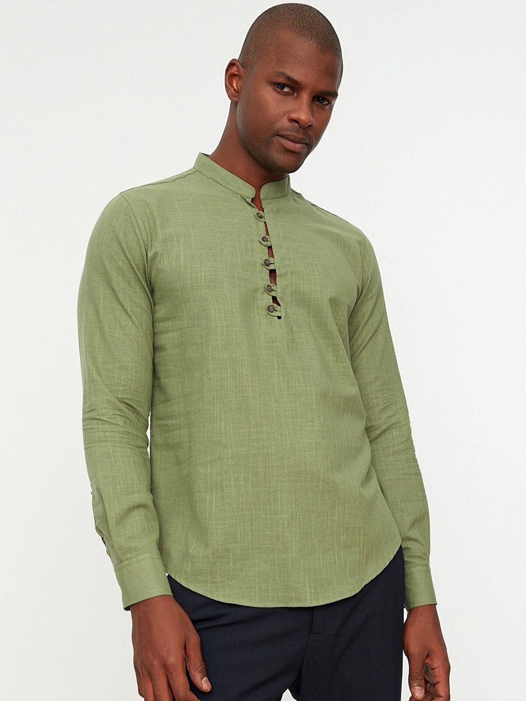 trendyol men green pure cotton casual shirt