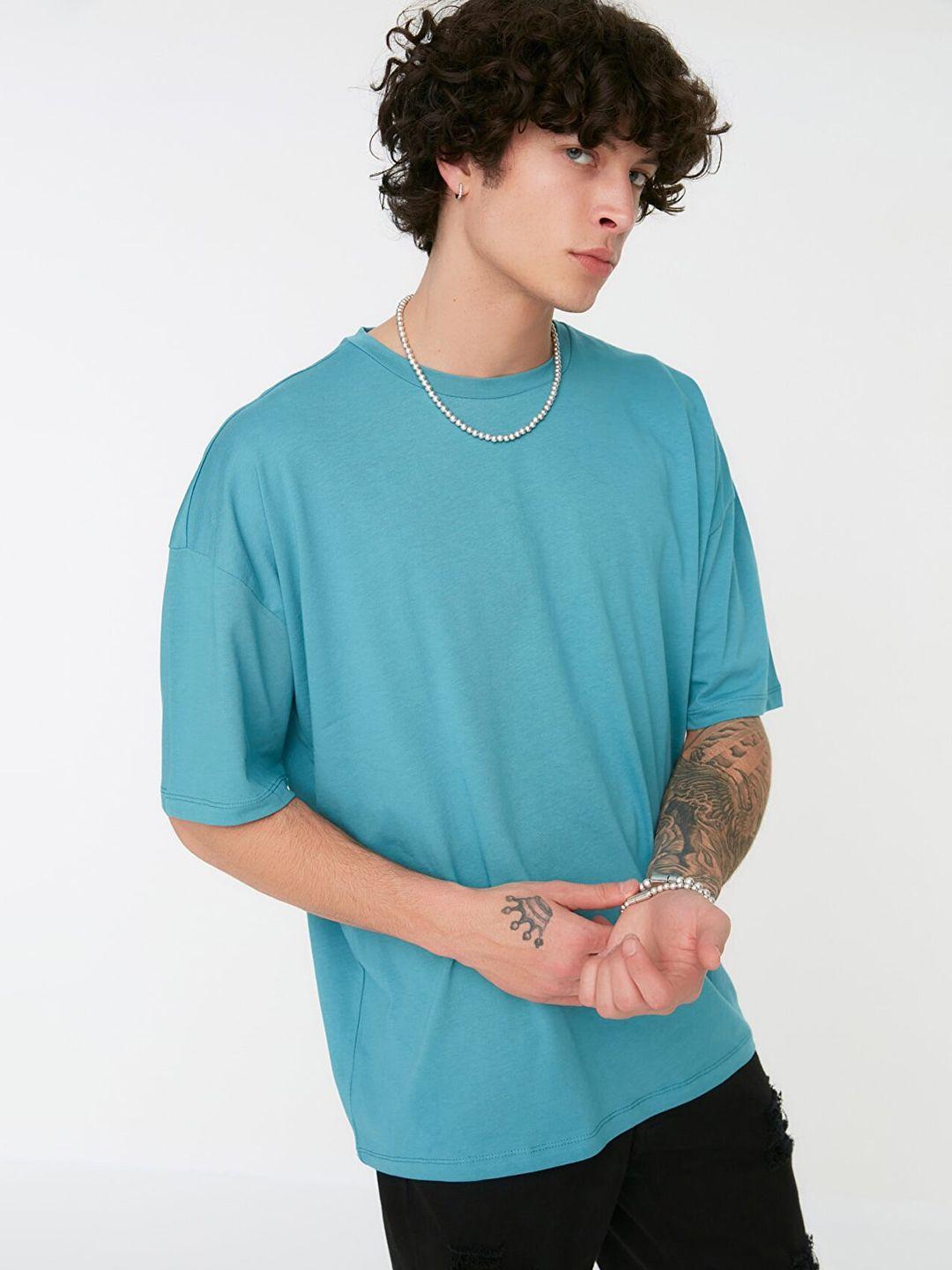 trendyol men green pure cotton oversize fit drop-shoulder sleeves t-shirt