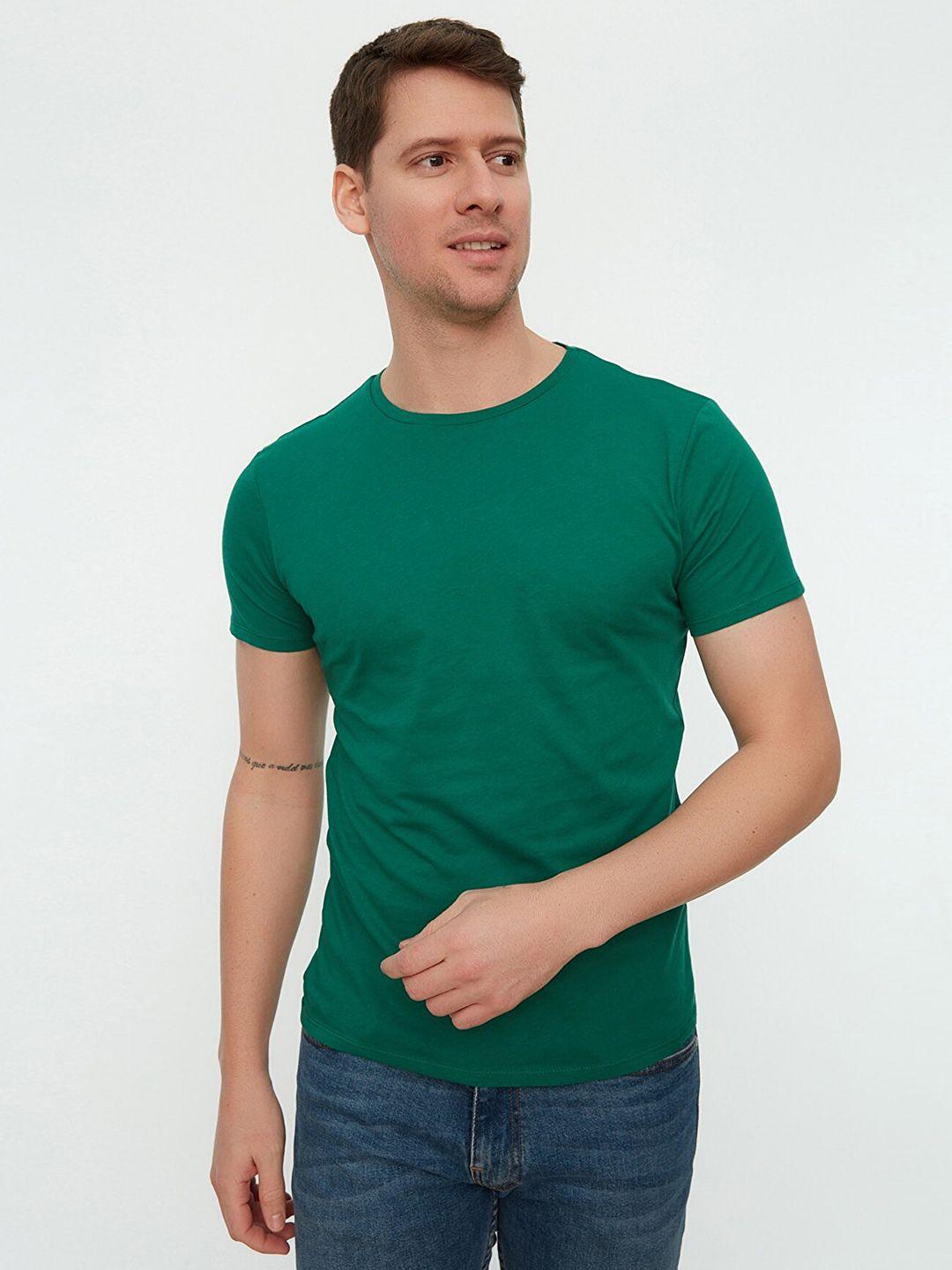 trendyol men green pure cotton slim fit t-shirt