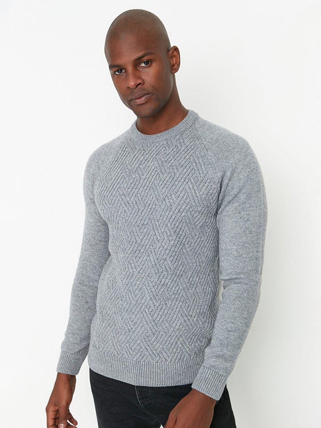 trendyol men grey acrylic self design pullover
