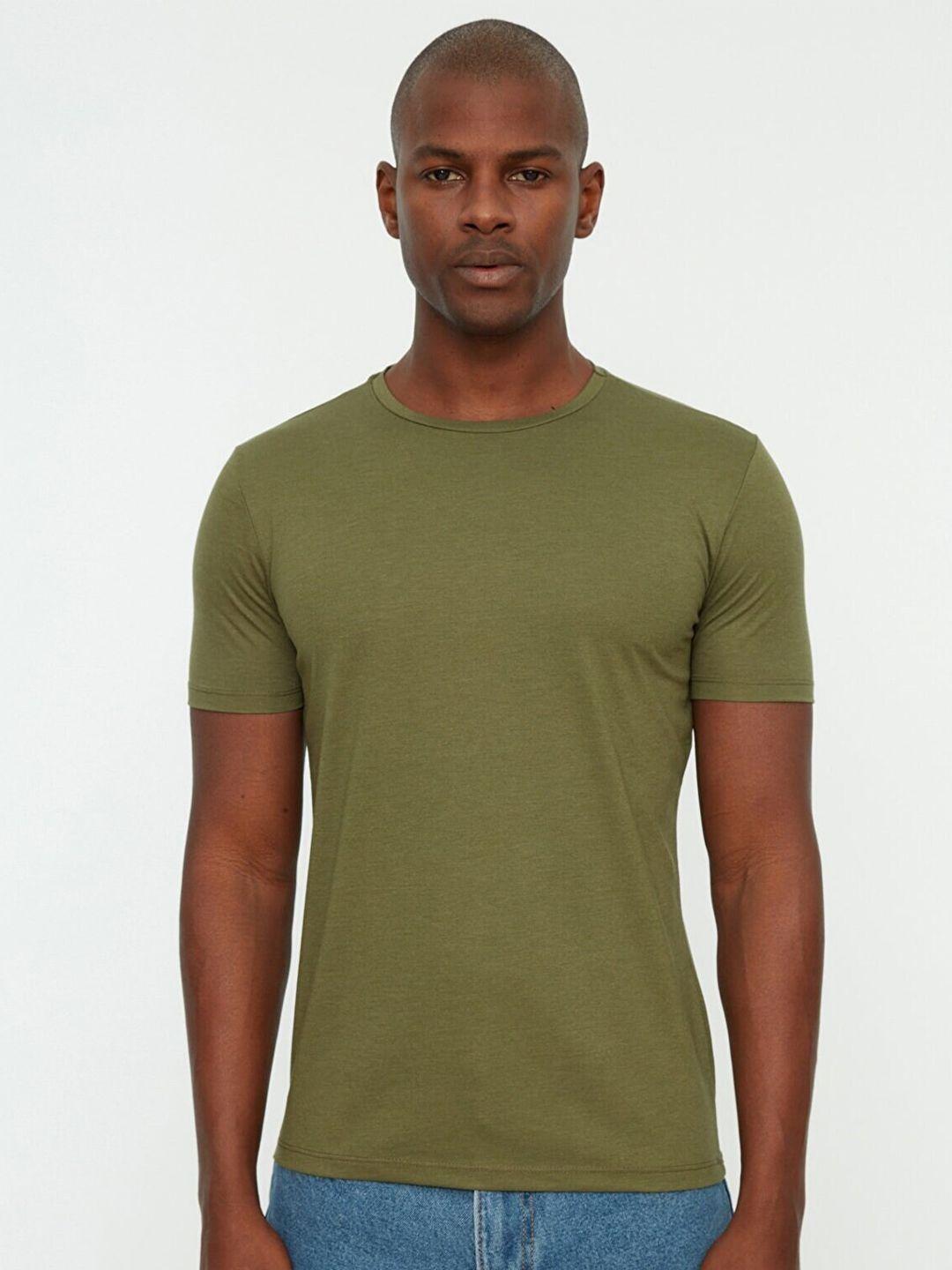 trendyol men khaki solid regular fit polyester t-shirt