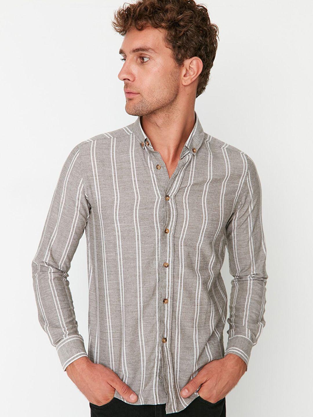 trendyol men khaki striped casual shirt