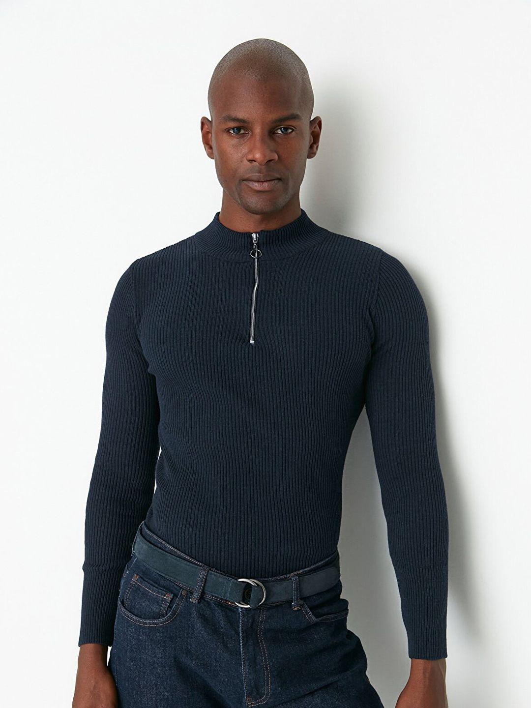 trendyol men navy blue ribbed pullover