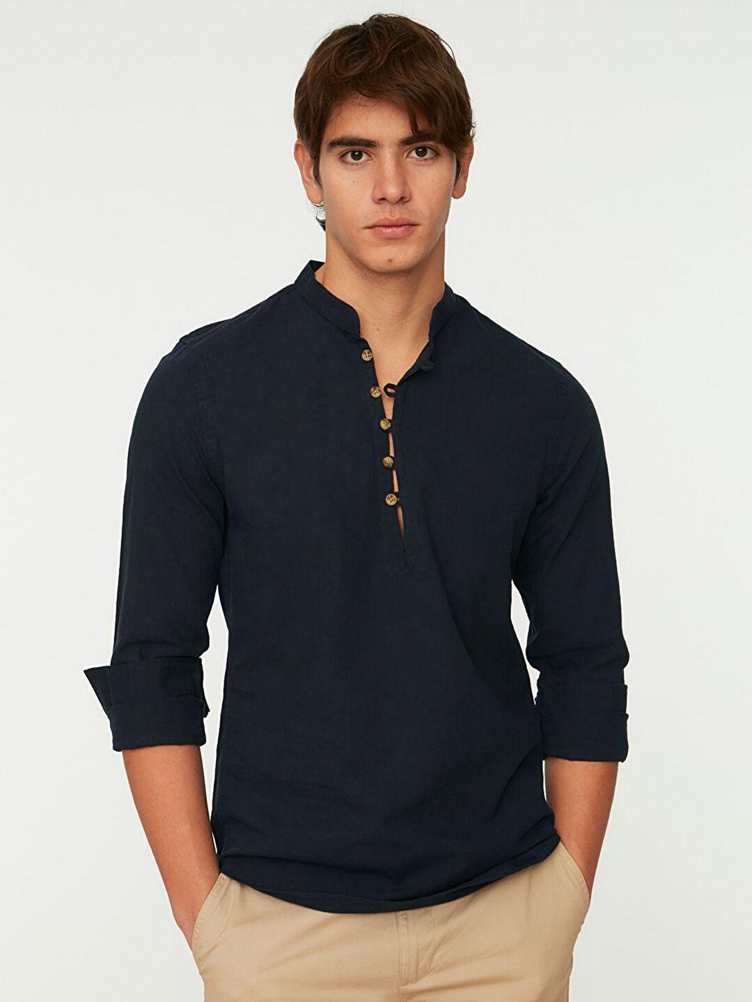 trendyol men navy blue solid pure cotton casual shirt