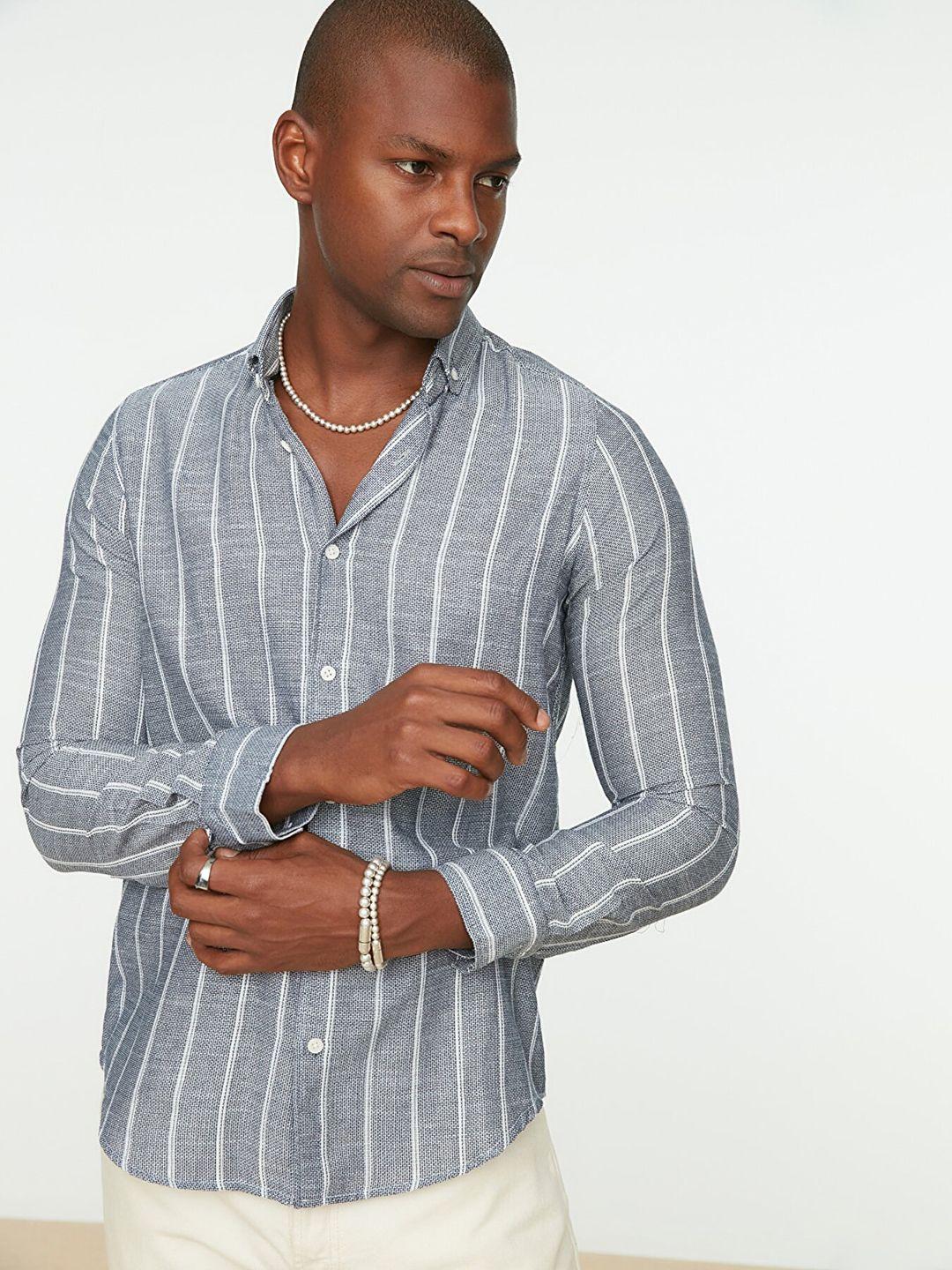 trendyol men navy blue striped casual shirt