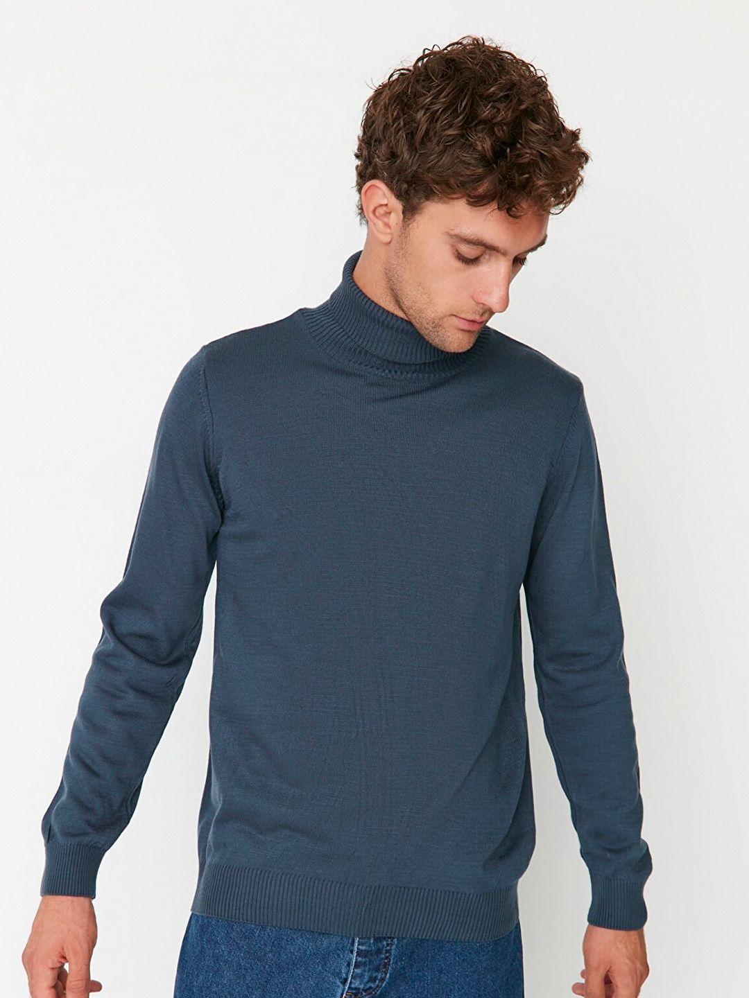 trendyol men navy blue turtle neck acrylic pullover