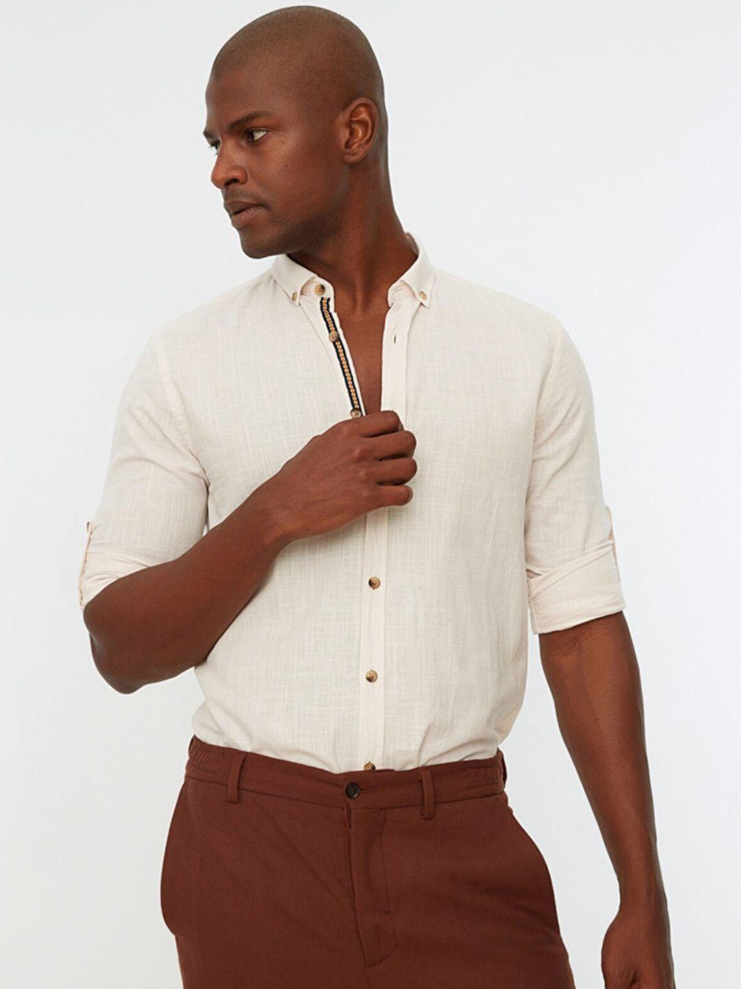 trendyol men off beige pure cotton solid casual shirt