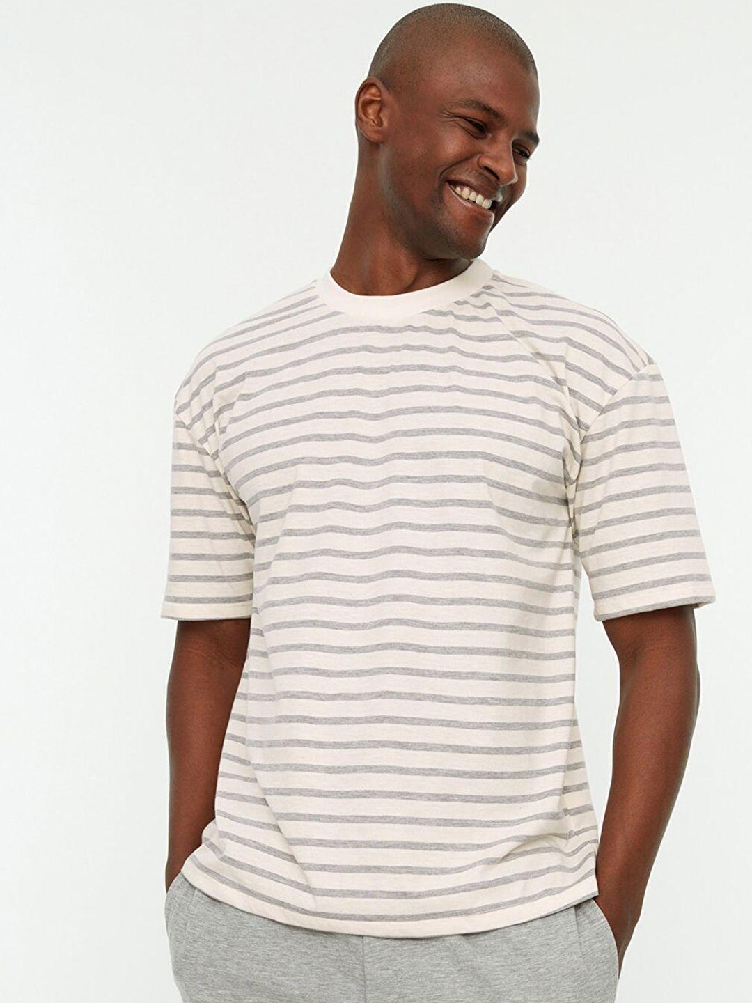 trendyol men off-white & grey striped drop-shoulder sleeves relaxed fit t-shirt