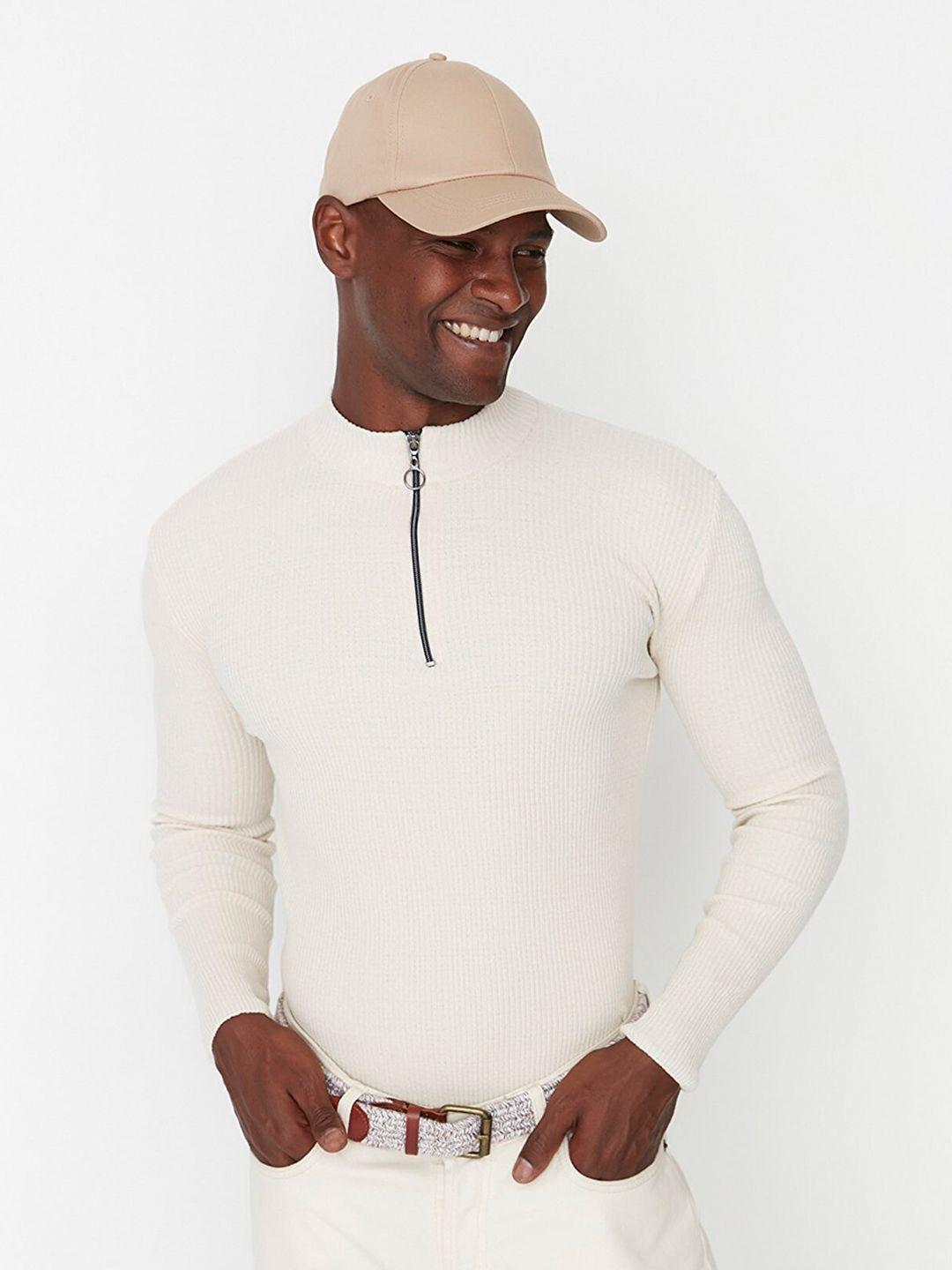 trendyol men off white ribbed pullover