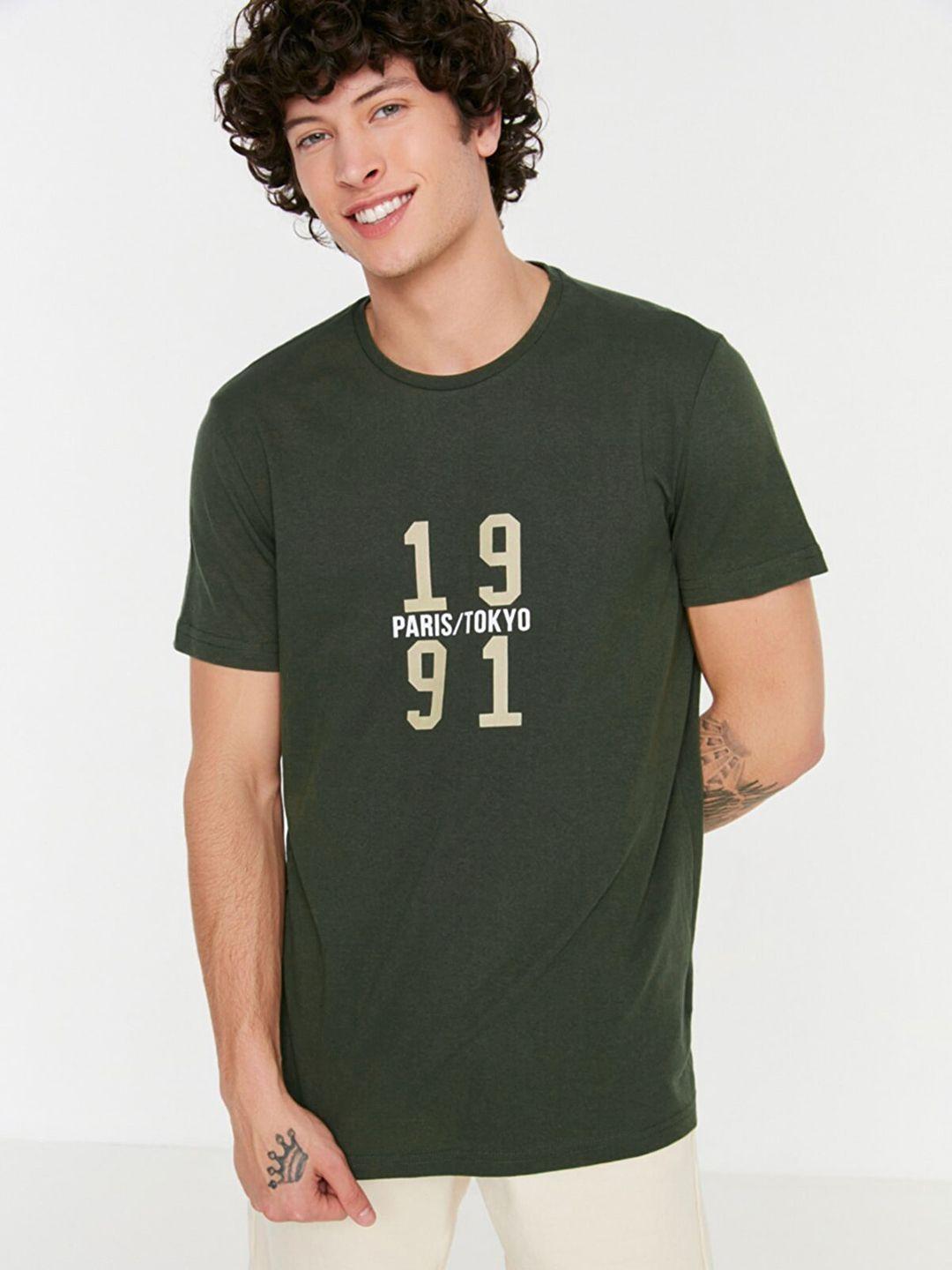 trendyol men olive green printed pure cotton t-shirt