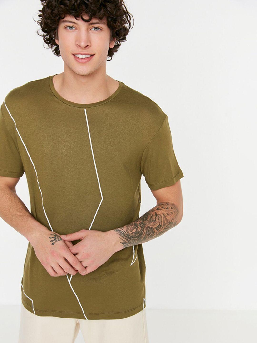 trendyol men olive green printed pure cotton t-shirt