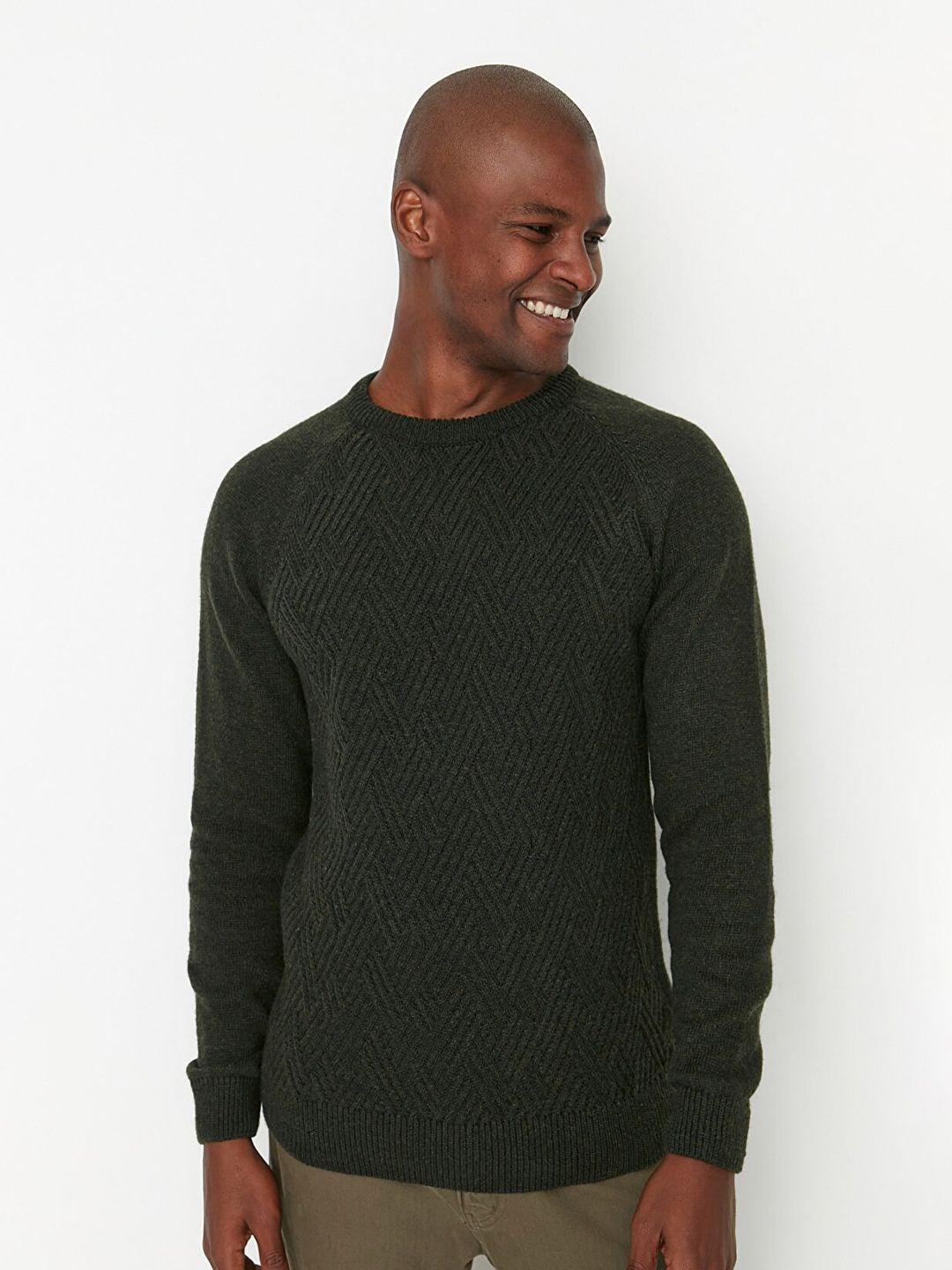 trendyol men olive green pullover acrylic sweater