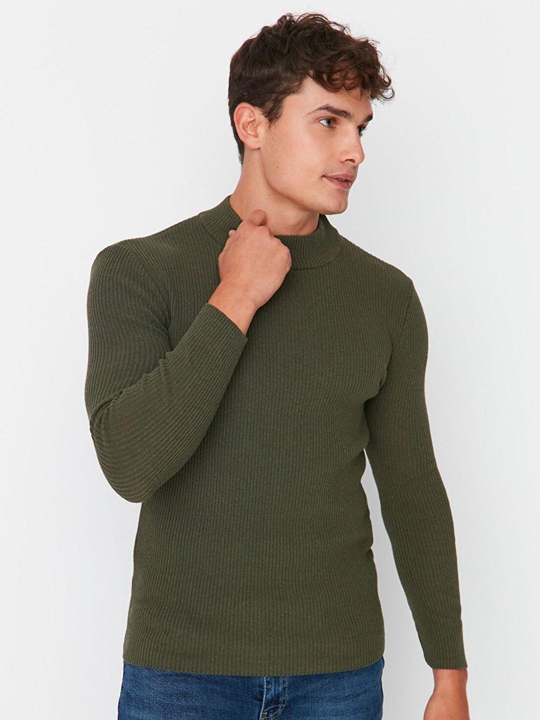 trendyol men olive green ribbed pullover