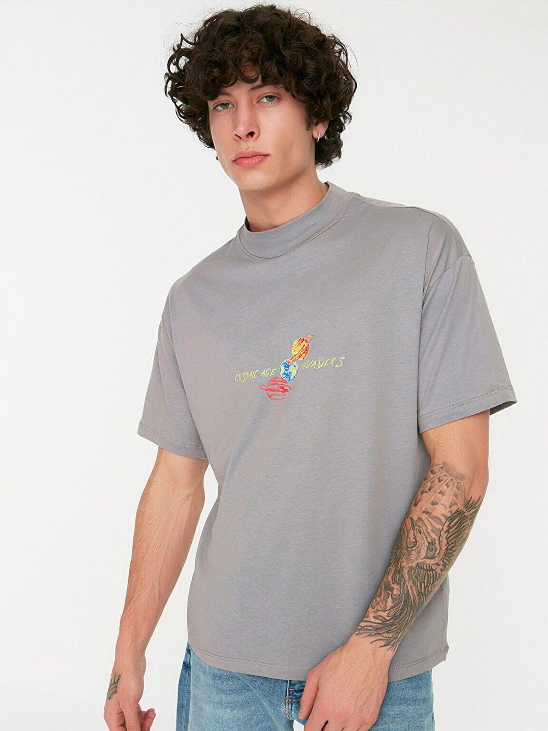 trendyol men printed drop-shoulder sleeves pure cotton t-shirt