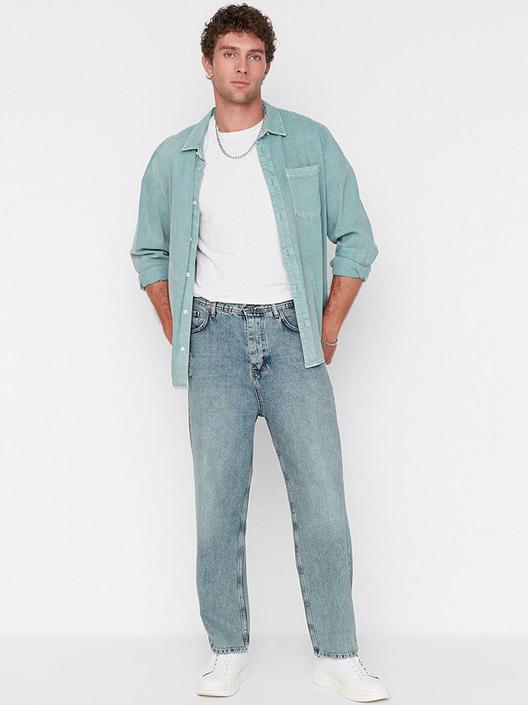 trendyol men pure cotton mid-rise low distress heavy fade jeans