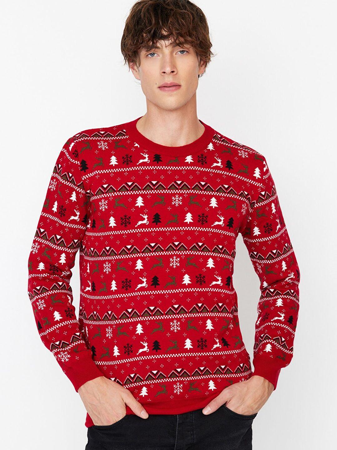 trendyol men red printed acrylic pullover