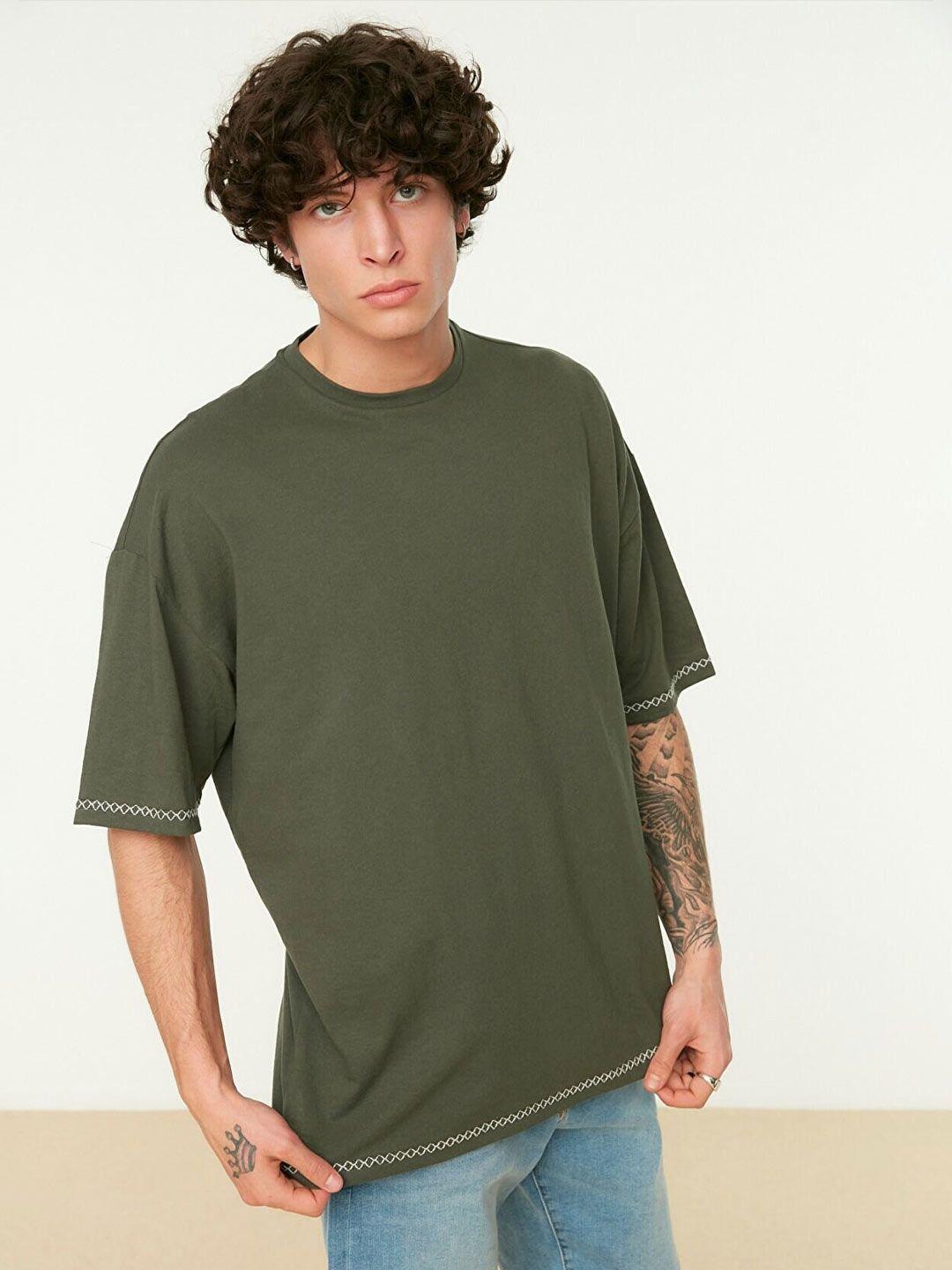 trendyol men round neck drop-shoulder sleeves pure cotton t-shirt