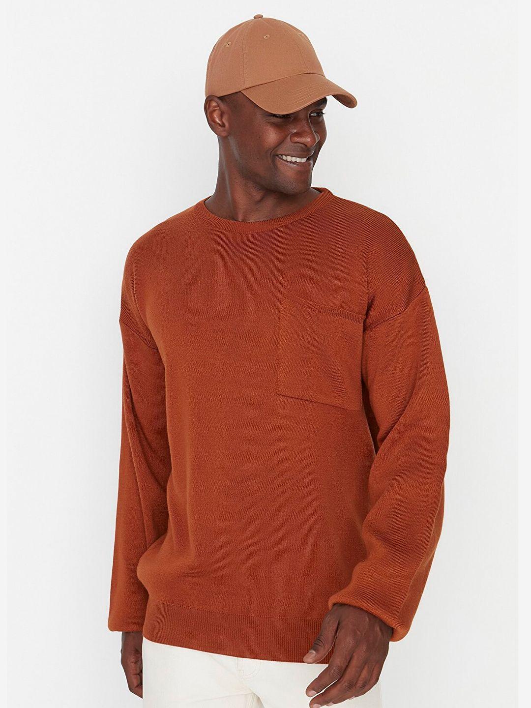 trendyol men rust round neck acrylic pullover