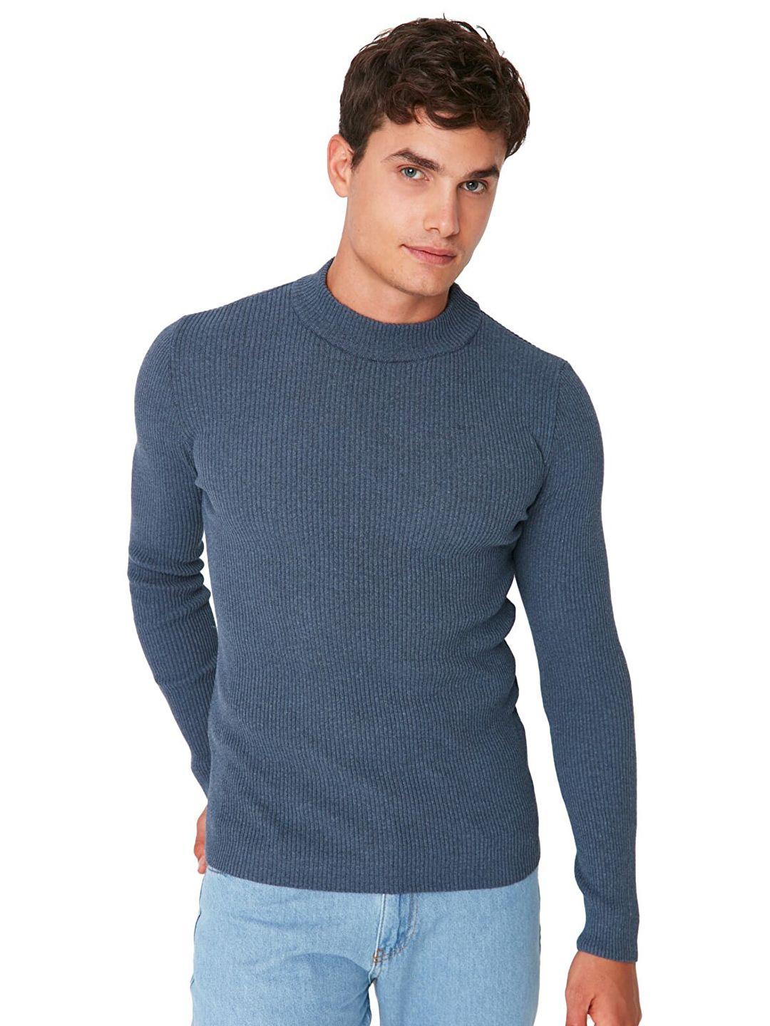 trendyol men teal ribbed pullover sweater