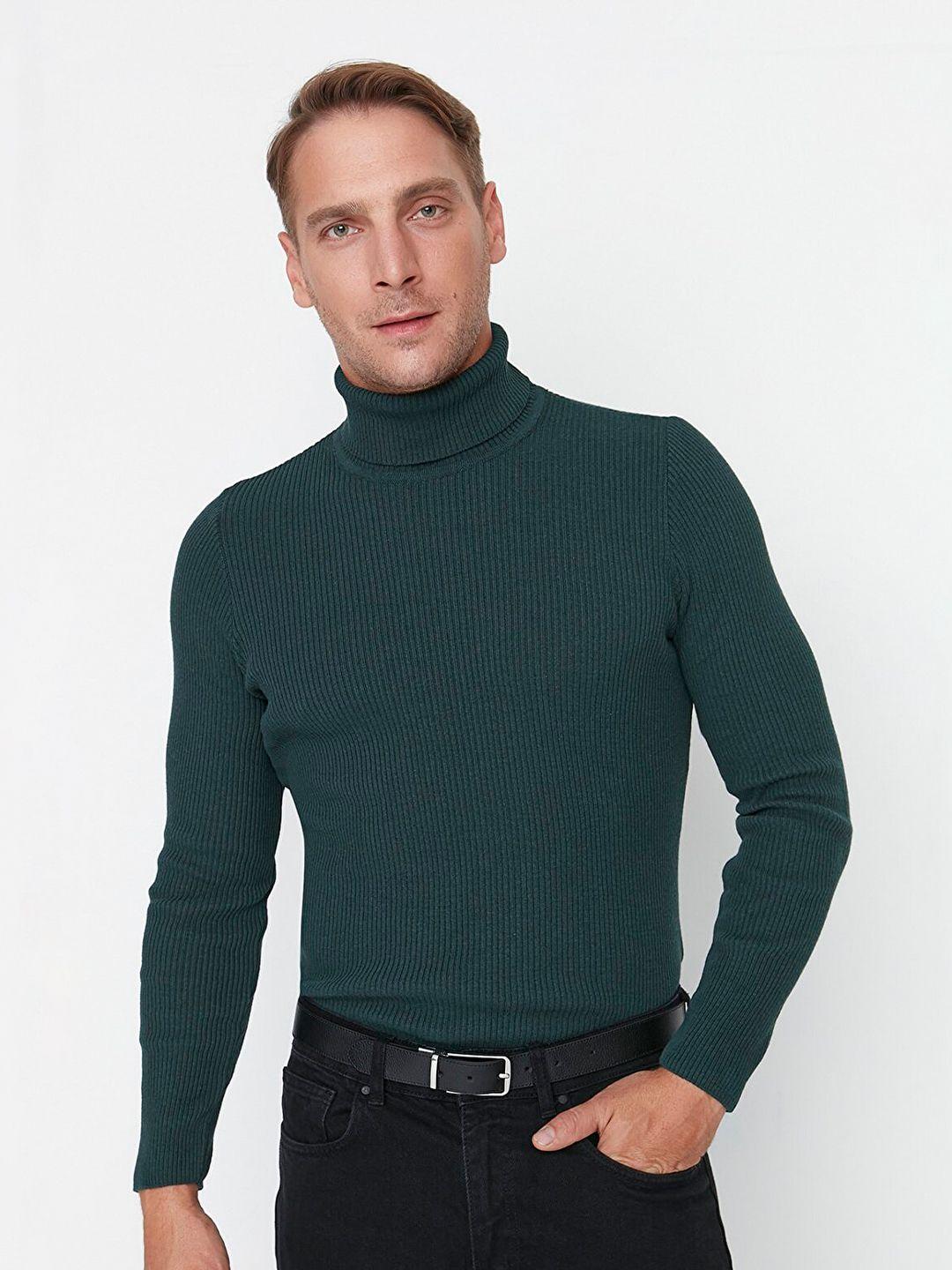 trendyol men teal ribbed pullover sweater