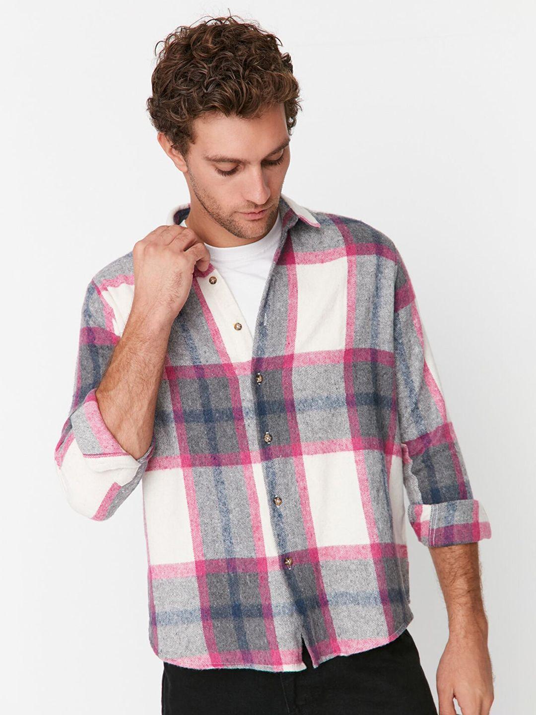 trendyol men violet checked cotton casual shirt