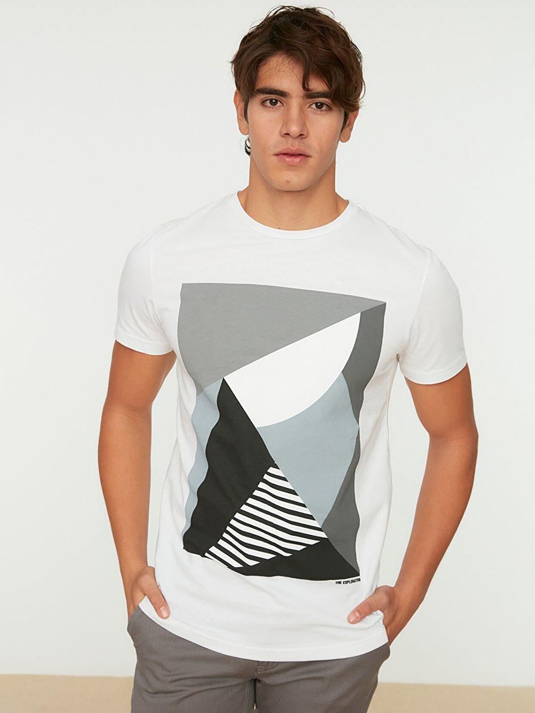 trendyol men white & grey graphic print pure cotton t-shirt