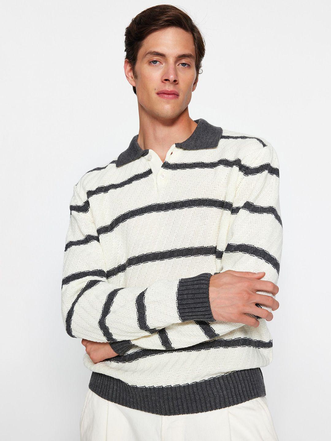 trendyol men white & grey striped pullover
