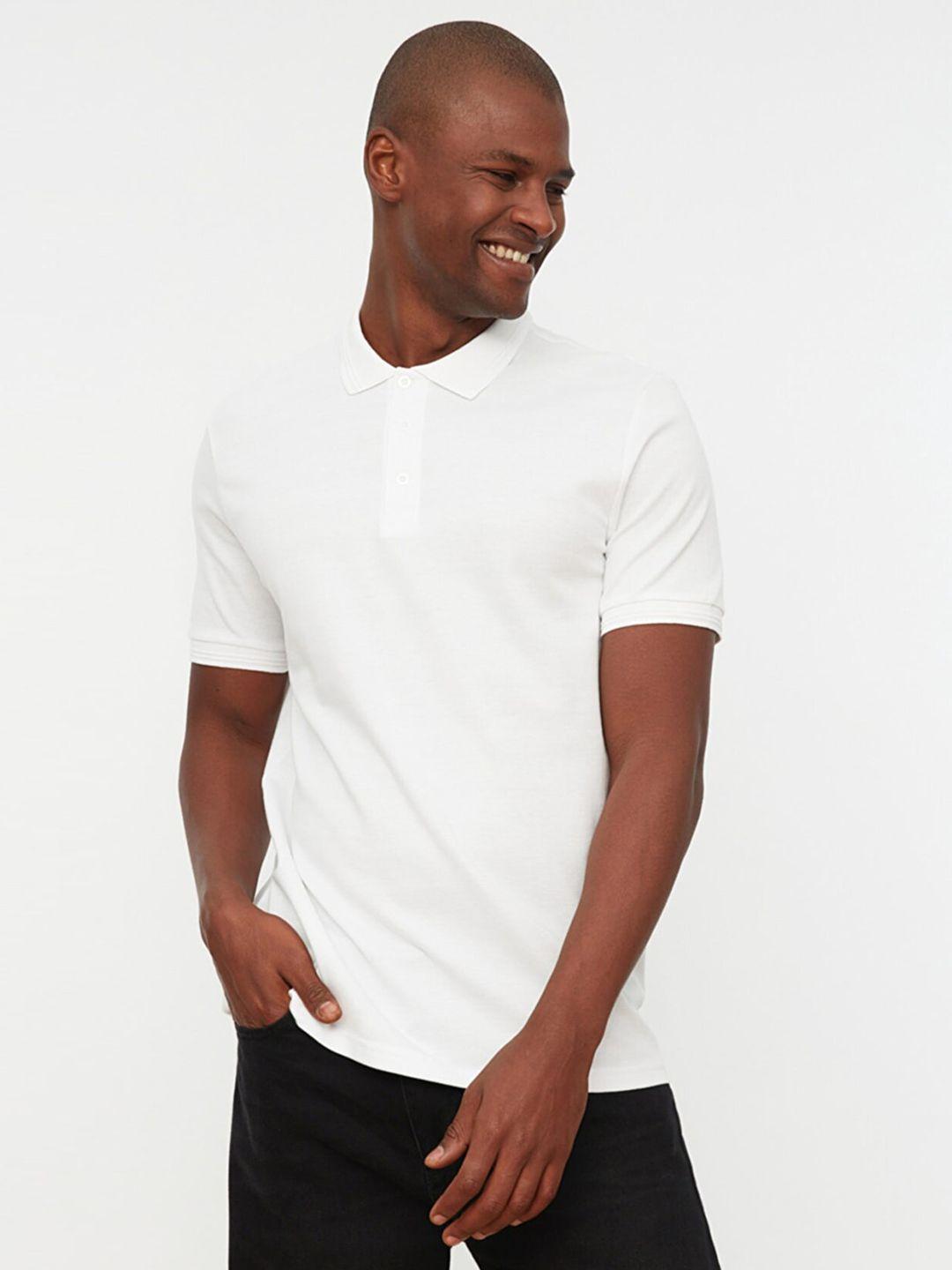 trendyol men white polo collar pure cotton slim fit t-shirt