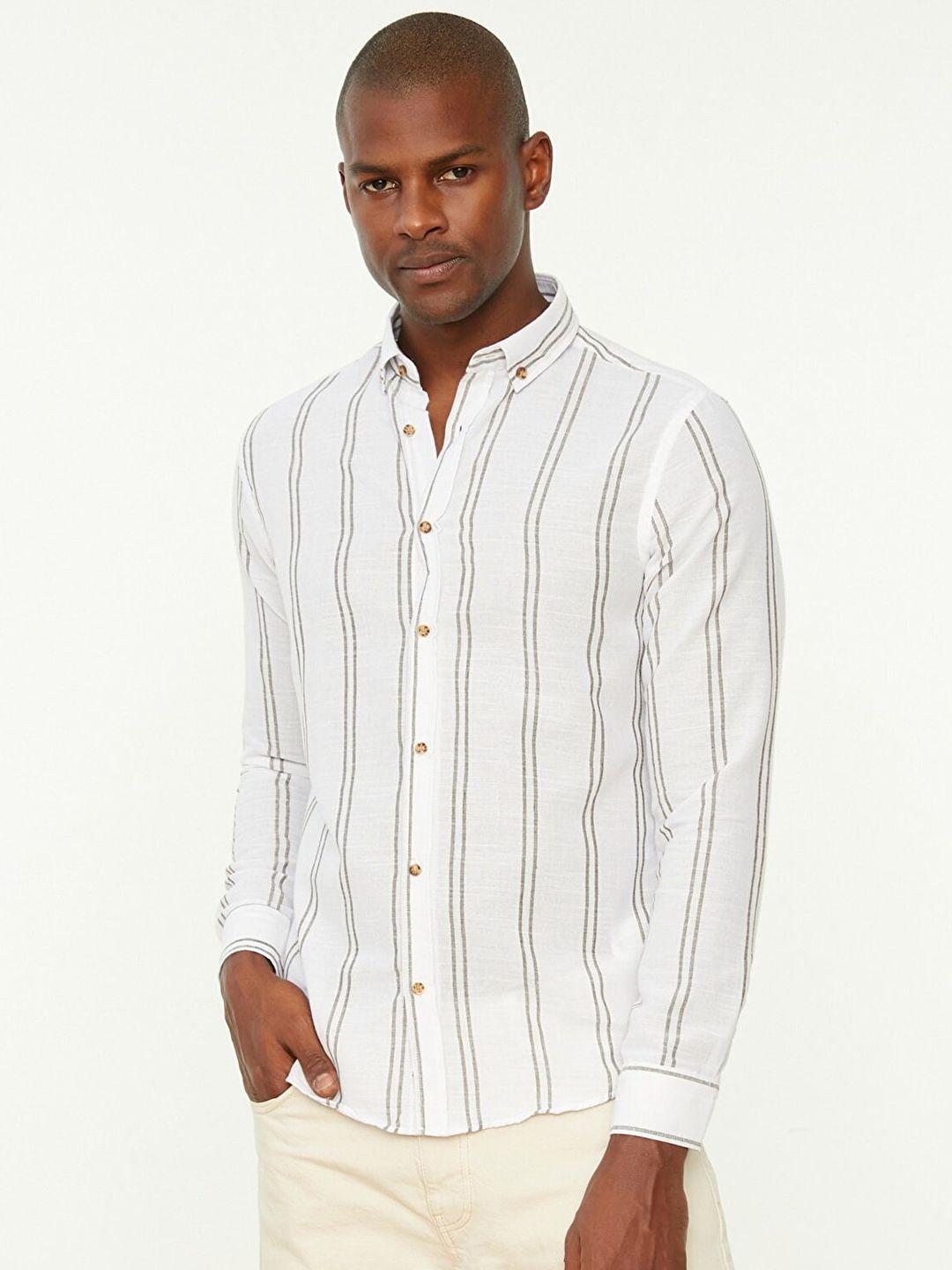 trendyol men white slim fit striped casual shirt