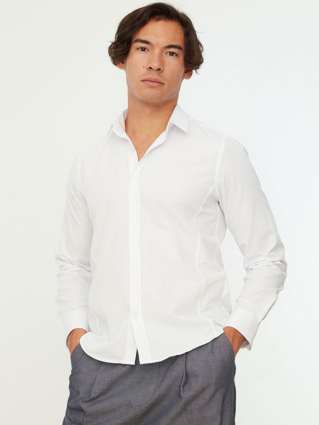 trendyol men white solid slim fit casual shirt