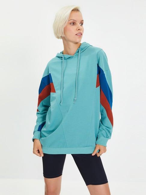 trendyol mint blue cotton striped hoodie