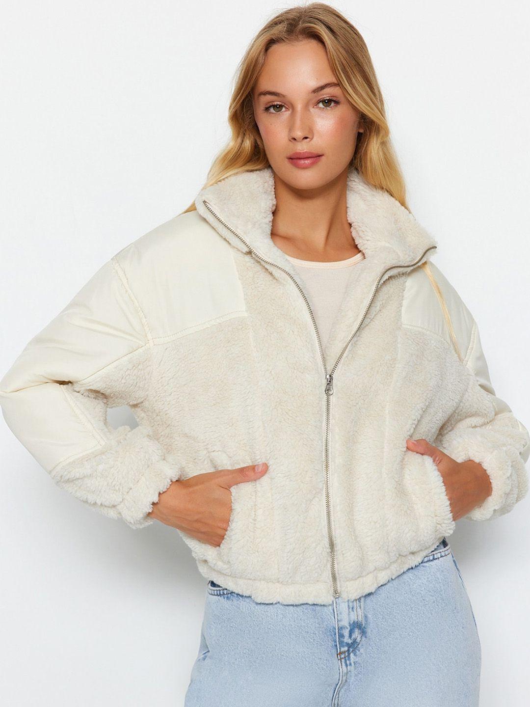trendyol mock collar faux fur jacket open front jacket