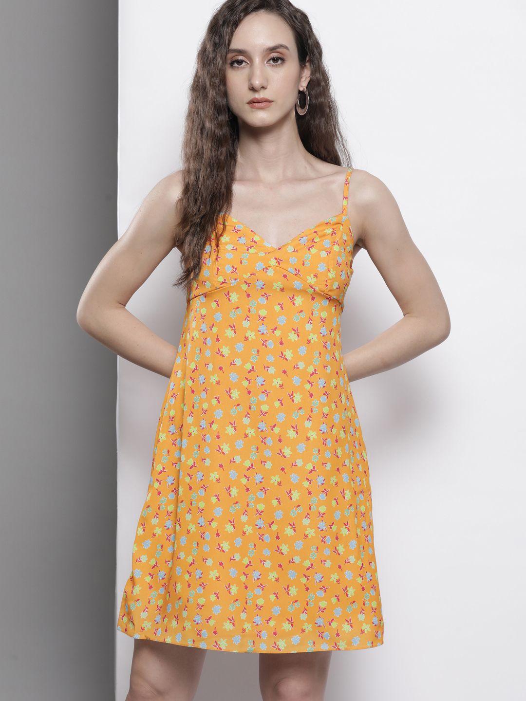 trendyol mustard yellow & pink floral print a-line dress