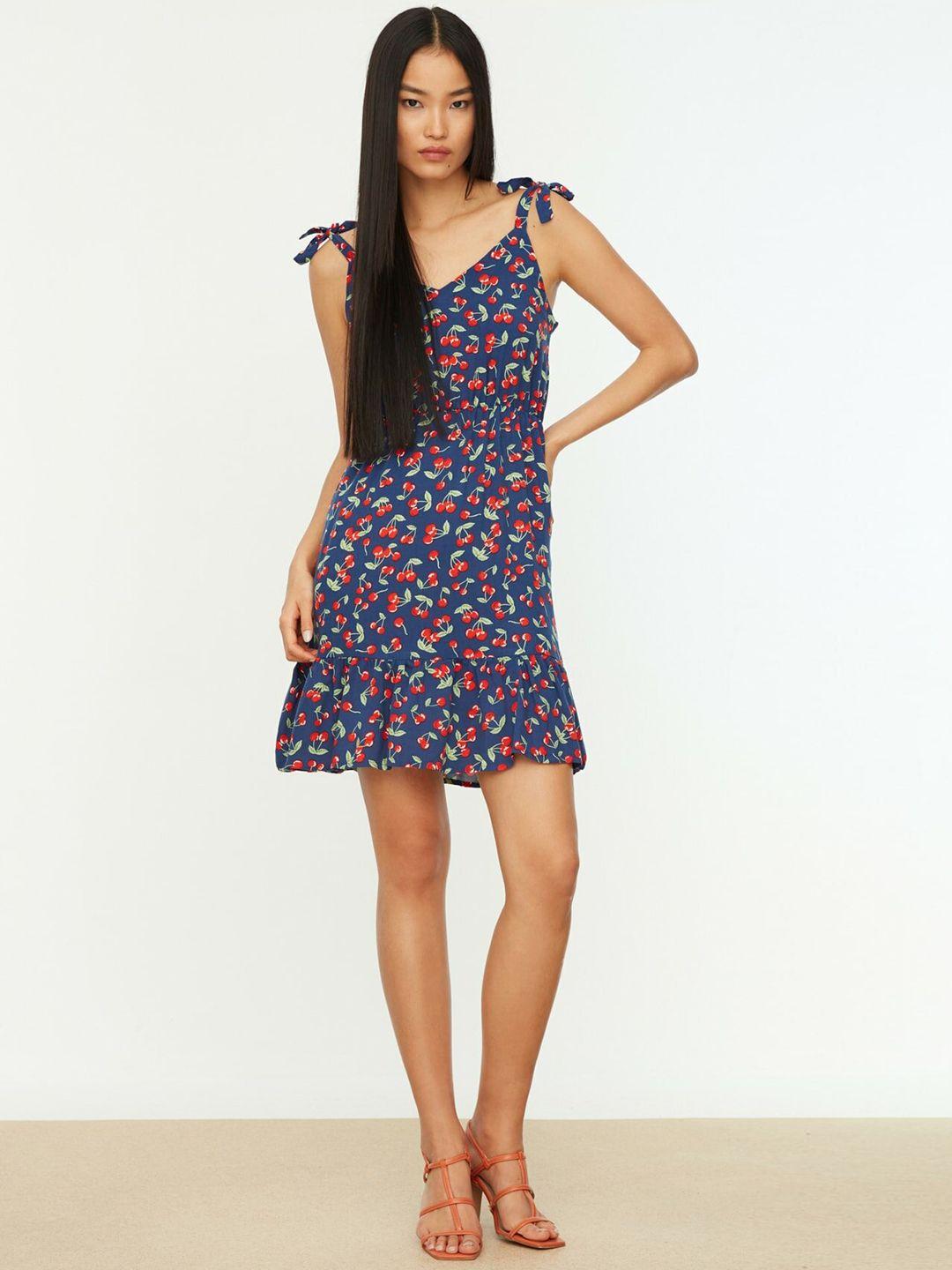 trendyol navy blue & red printed tie-up shoulder straps a-line dress