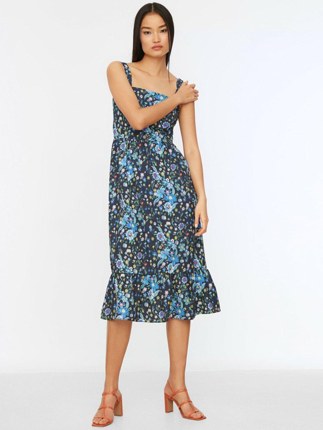 trendyol navy blue & white floral printed a-line midi dress