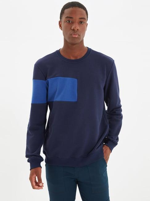 trendyol navy blue cotton regular fit colour block sweatshirt