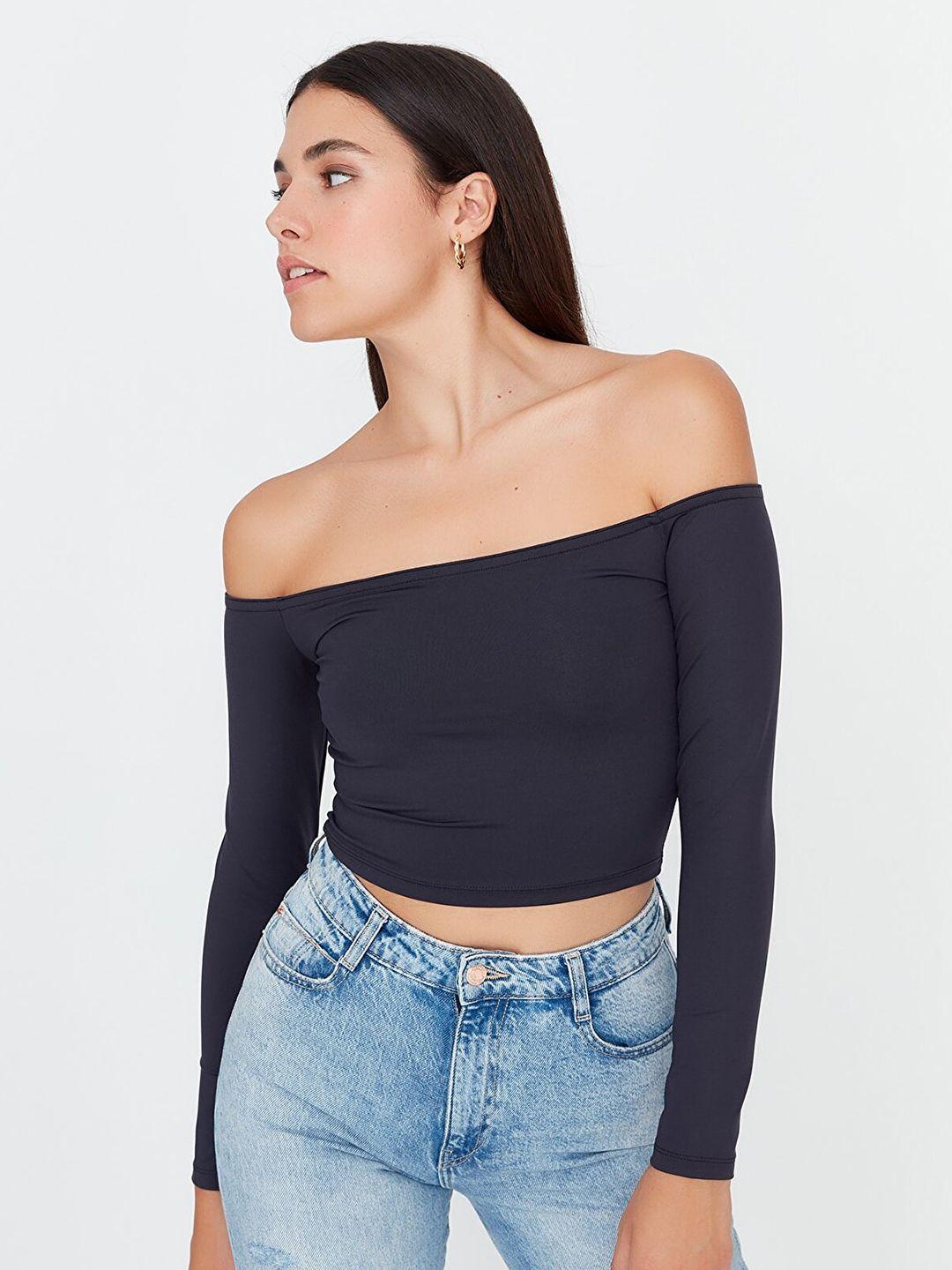 trendyol navy blue off-shoulder bardot crop top