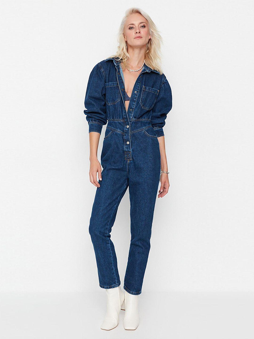 trendyol navy blue pure cotton solid denim basic jumpsuit