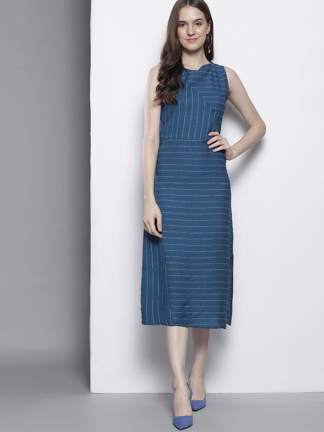 trendyol navy blue striped shift midi dress