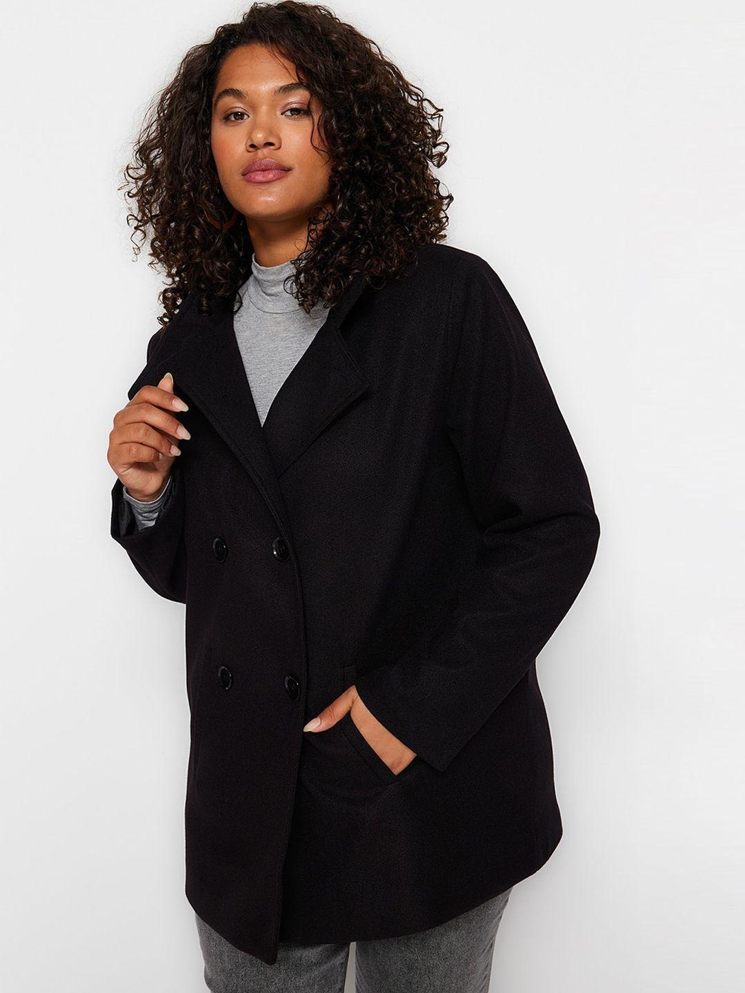 trendyol notched lapel collar double-breasted longline overcoat